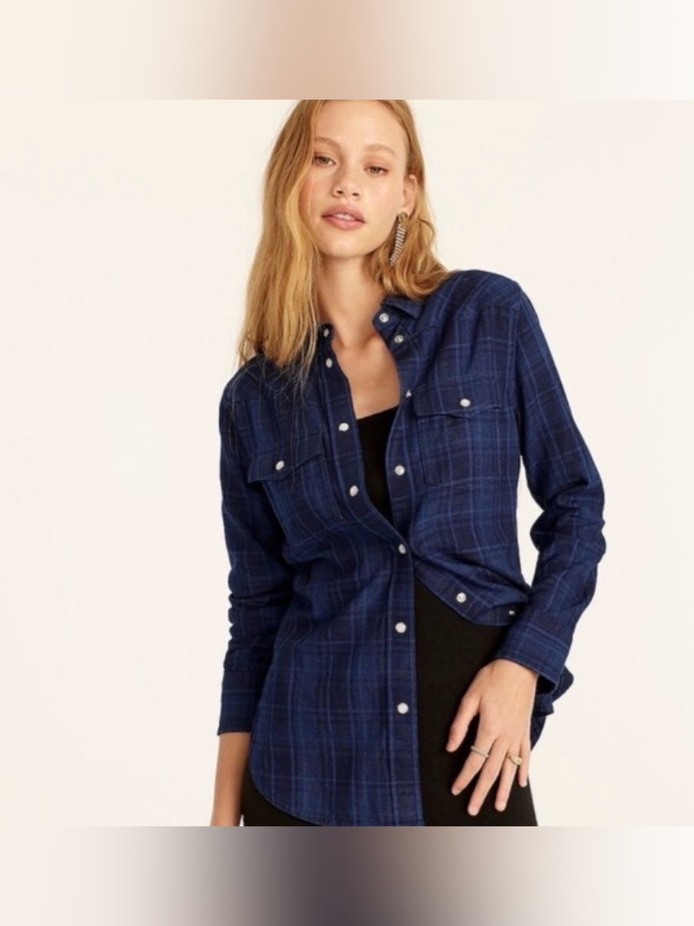 J Crew Slim Fit Western Shirt in Indigo Plaid Size 12 Pearl Snap